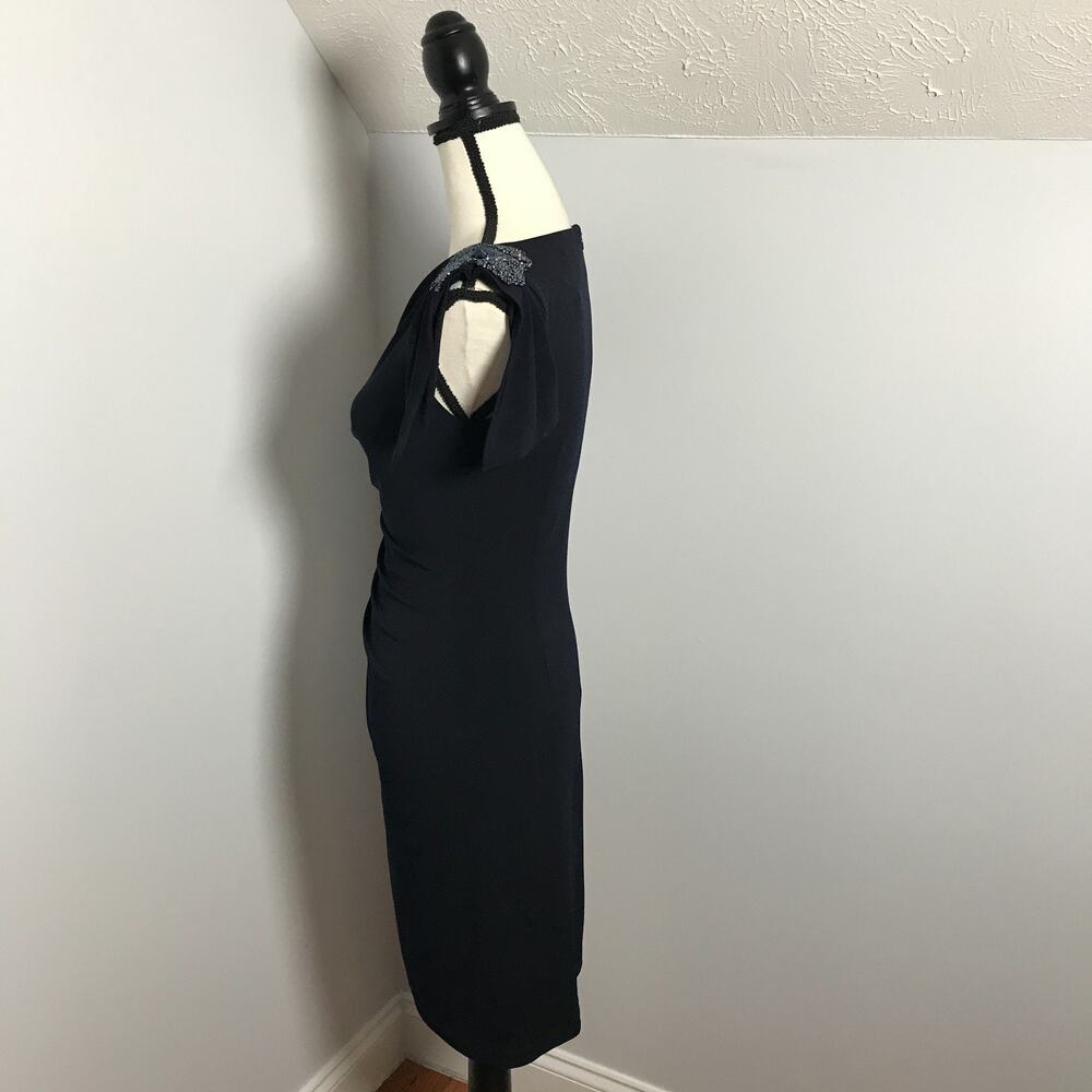 David Meister Dress 2 Navy Blue Beaded Asymmetrical Ruched Cocktail Sheath - Picture 4 of 10